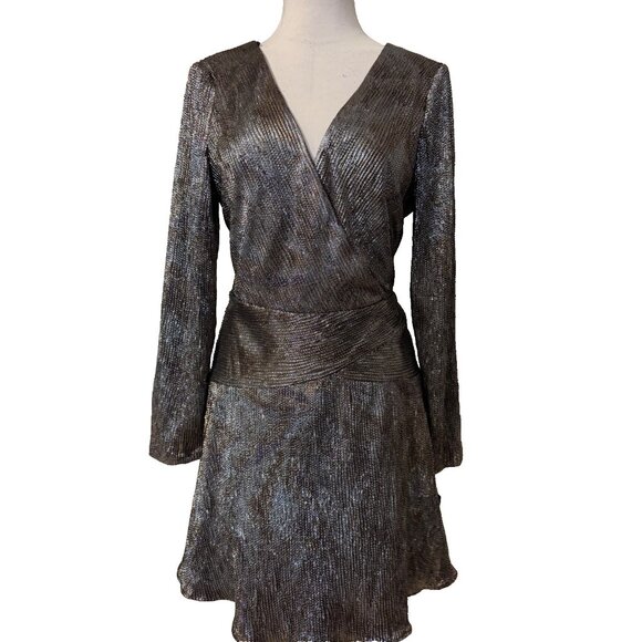 Aidan Mattox Cocktail Party Dress 14 Black Gold Silver Foil Long Sleeve NEW $220 - Picture 2 of 12